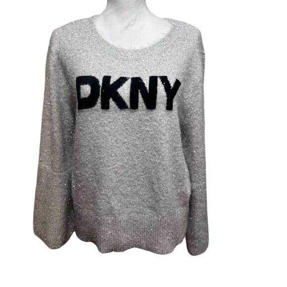 NWT DKNY Metallic Sweater womens size XL with bell sleeves in gray and black - Picture 2 of 10
